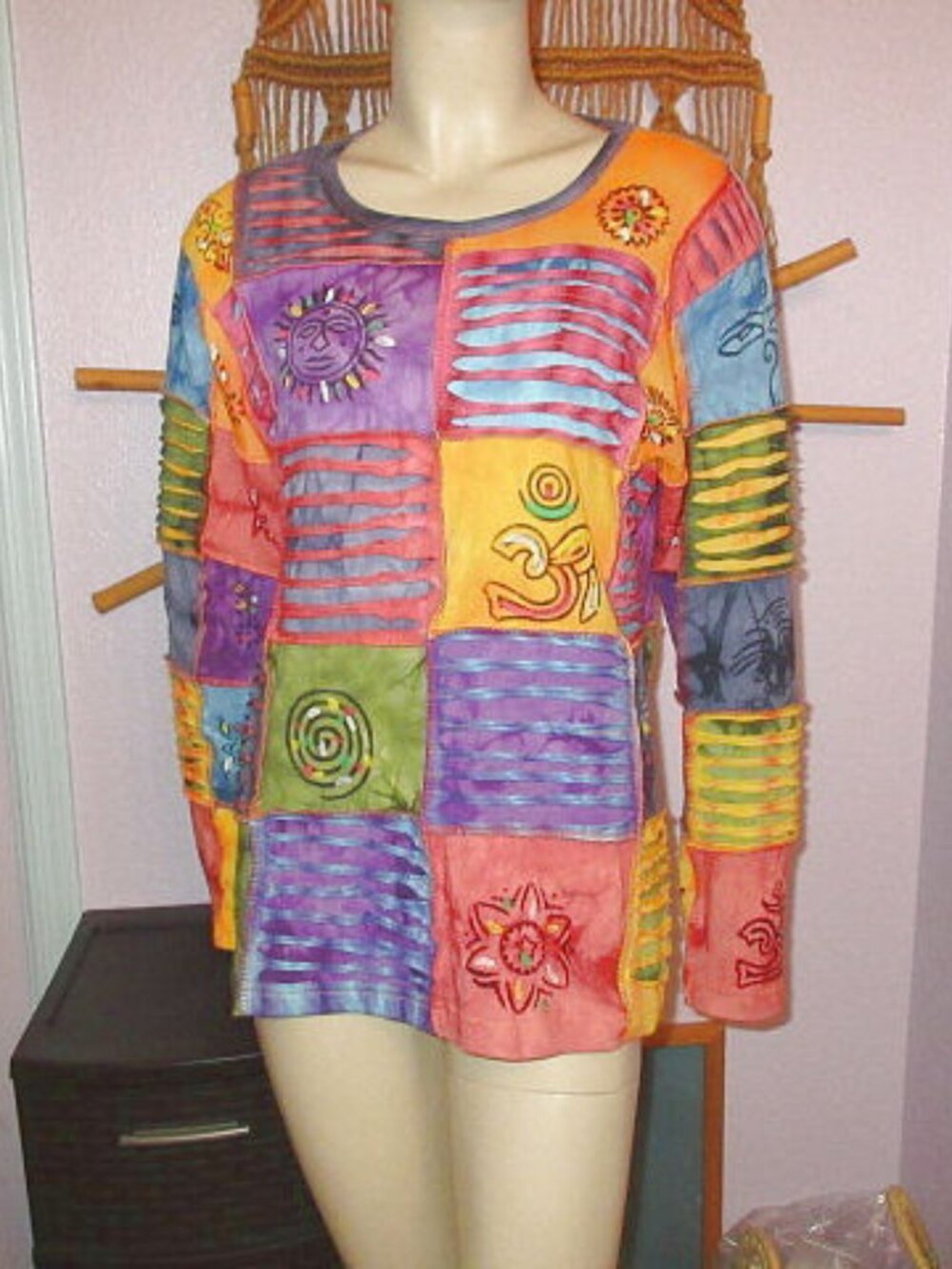 Rising International Patchwork Top XL Sun Face Tunic Groovy Hippie Boho Grunge